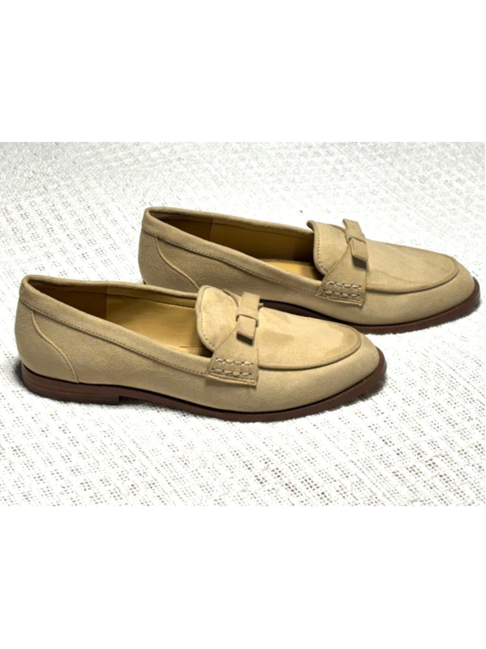 J. Crew Beige Khaiki Neutral Minimalist Faux Suede Loafers w/Bows Size 7.5 - Picture 1 of 8
